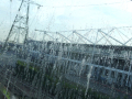 ExCel extension and pylon seen through rain spattered glass