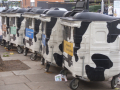 Dustbins painted with cow designs all over them