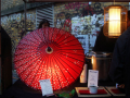 red parasol in window