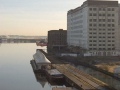 background view of the 02 arena showing modern buildings and old cranes on the side of the water.