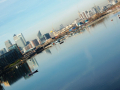view of Canary Wharf and skyscrapers from the south bridge
